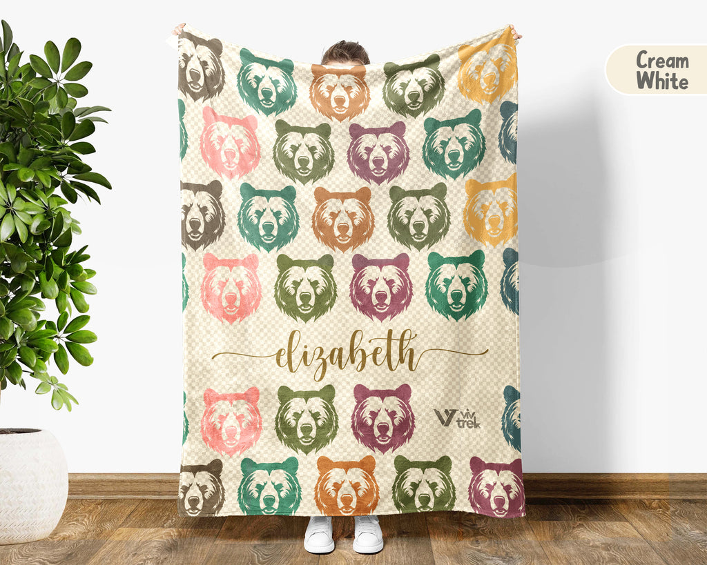 Custom Bear Blanket Personalized Name Retro Wildlife Throw Cozy Rustic Forest Decor Unique Animal Graphic Gift Home Accent