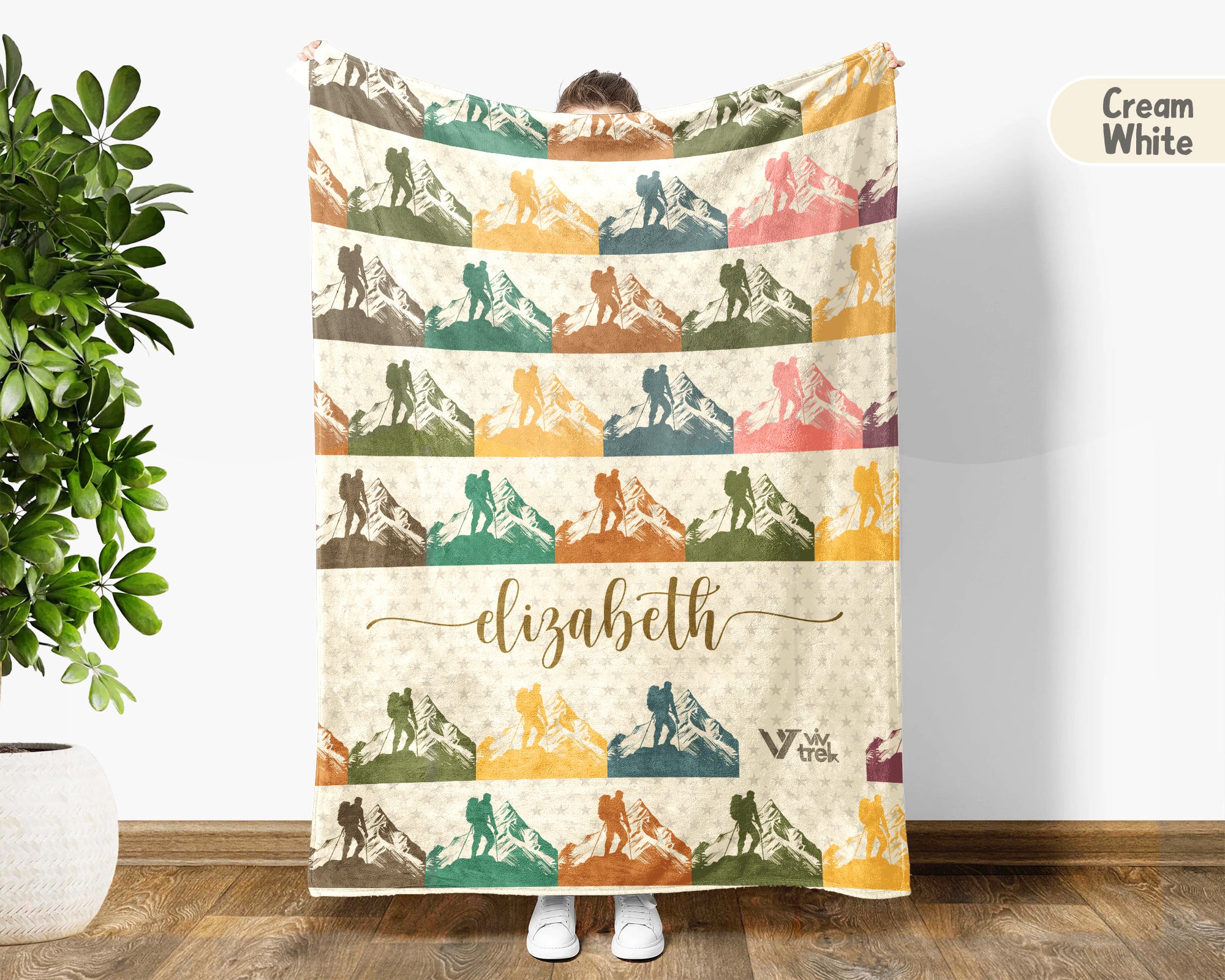 Custom Name Hiking Throw Blanket, Vintage Outdoor Adventure Gift for Campers, Nature Inspired Cozy Decor