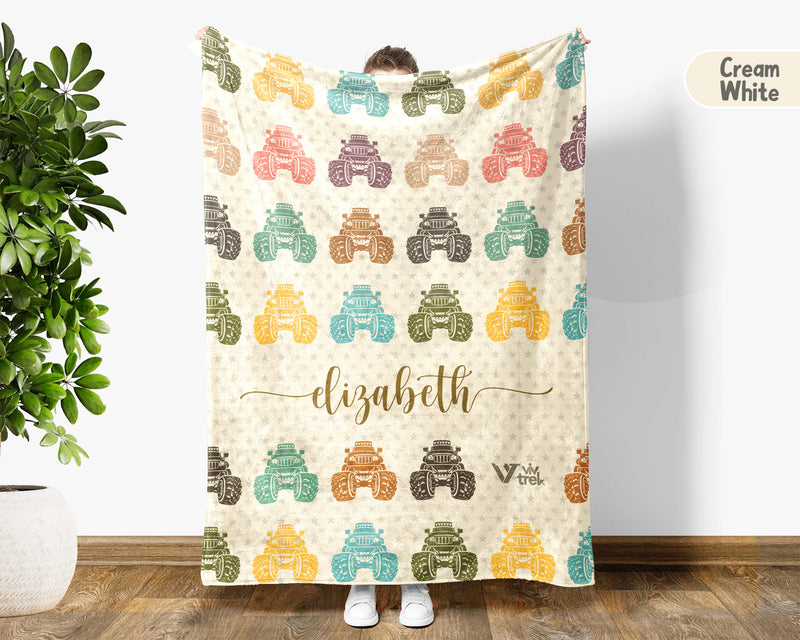 Personalized Monster Truck Blanket for Kids, Custom Name Retro Truck Throw, Cozy Boys Gift, Fun Truck Lover Room Decor Blanket