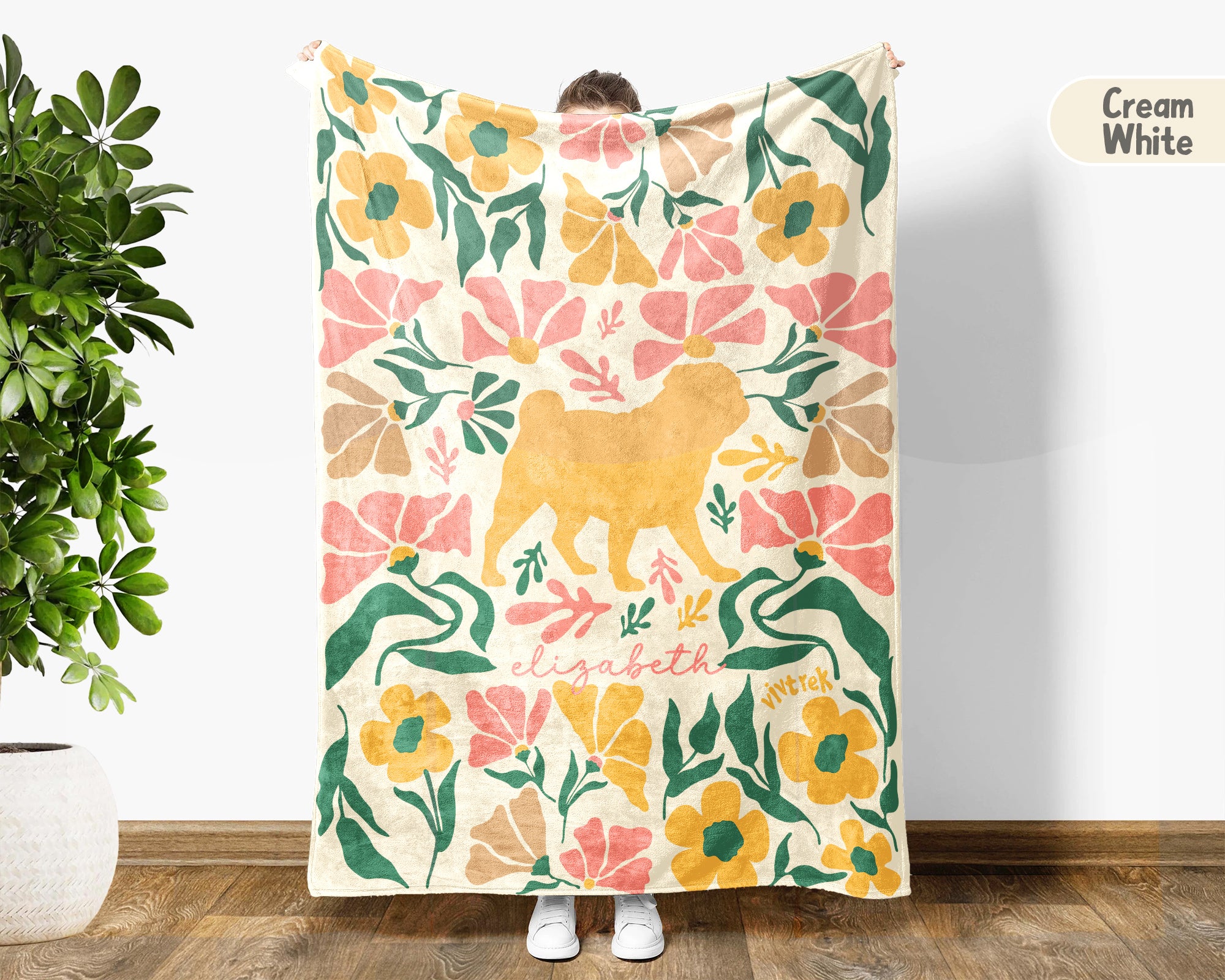 Custom Name Floral Pug Blanket, Personalized Cozy Wildflower Pug Throw for Kids Teens Adults, Dog Mom Birthday Gift