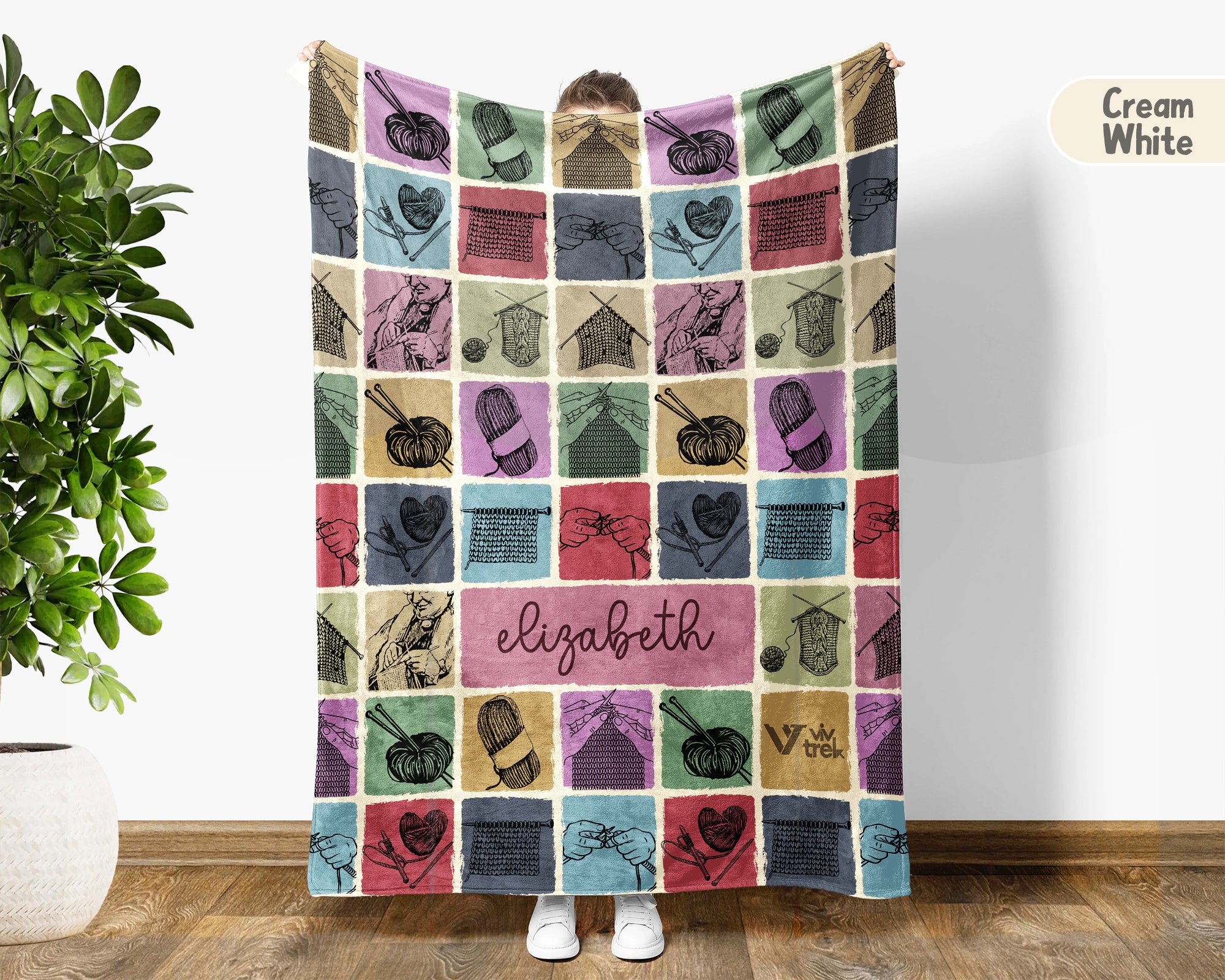 Custom Name Knitting Lover Blanket, Vintage Yarn Crochet Throw for Craft Fans, Cozy Needlework Inspired Home Decor