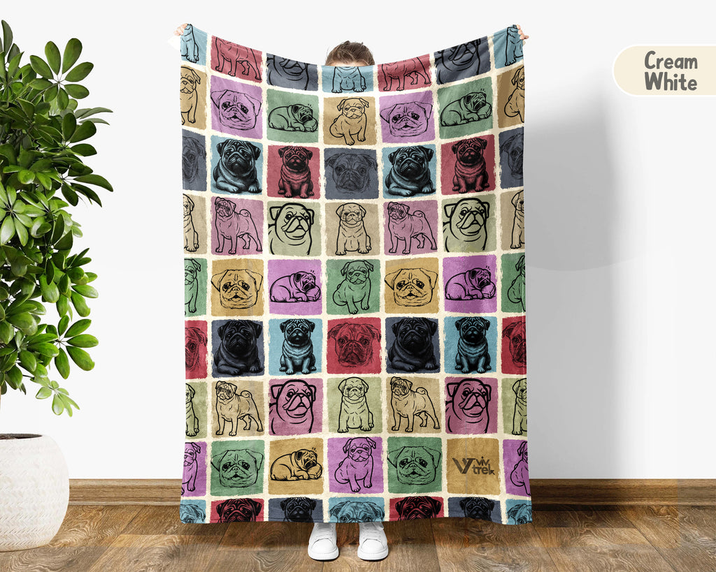 Pug Dog Blanket, Vintage Pug Lover Throw, Cozy Retro Dog Fleece Blanket, Unique Pet Lover Gift for Home and Kids