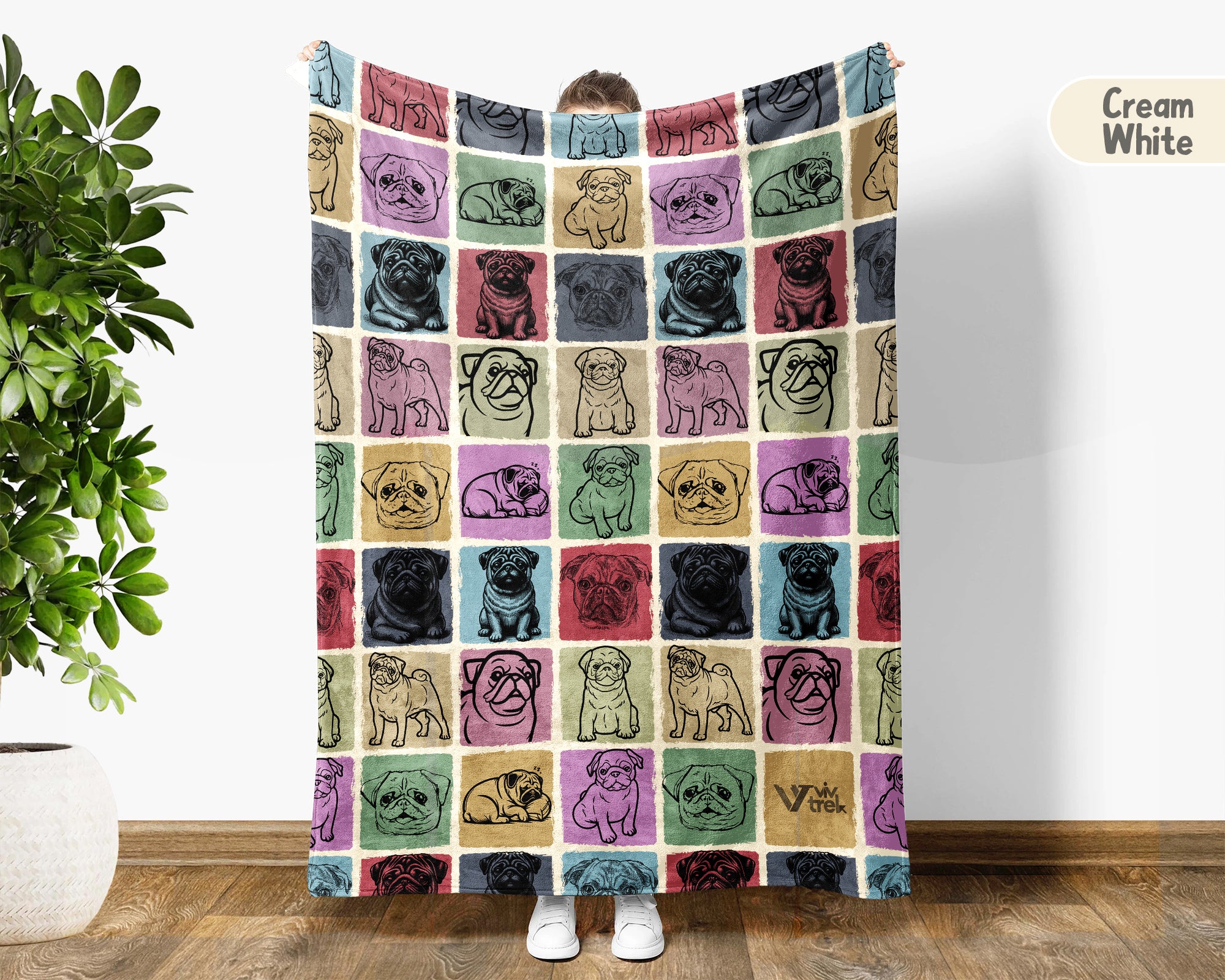 Pug Dog Blanket, Vintage Pug Lover Throw, Cozy Retro Dog Fleece Blanket, Unique Pet Lover Gift for Home and Kids