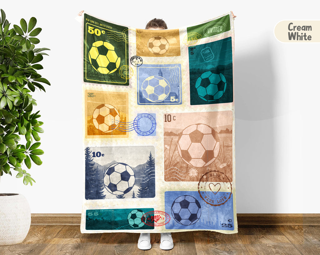Soccer Lover Blanket Gift, Soccer Stamp Throw for Players, Cozy Unique Football Fan Decor, Cool Sports Graphic Blanket, Soccer Room Accent