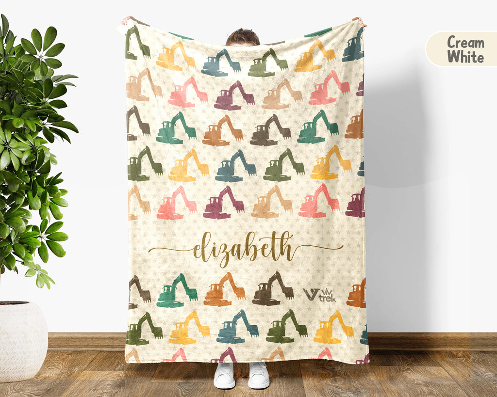 Personalized Construction Equipment Blanket Custom Name, Excavator Truck Throw for Kids Boys, Cozy Builder Gift Decor