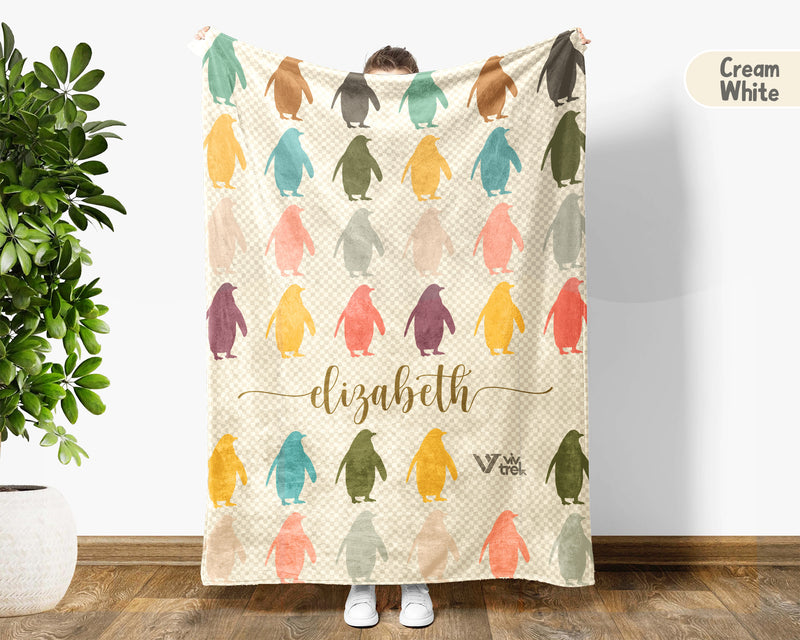 Custom Name Penguin Lover Blanket Vintage Ocean Throw Cozy Personalized Gift Soft Arctic Animal Decor for Home