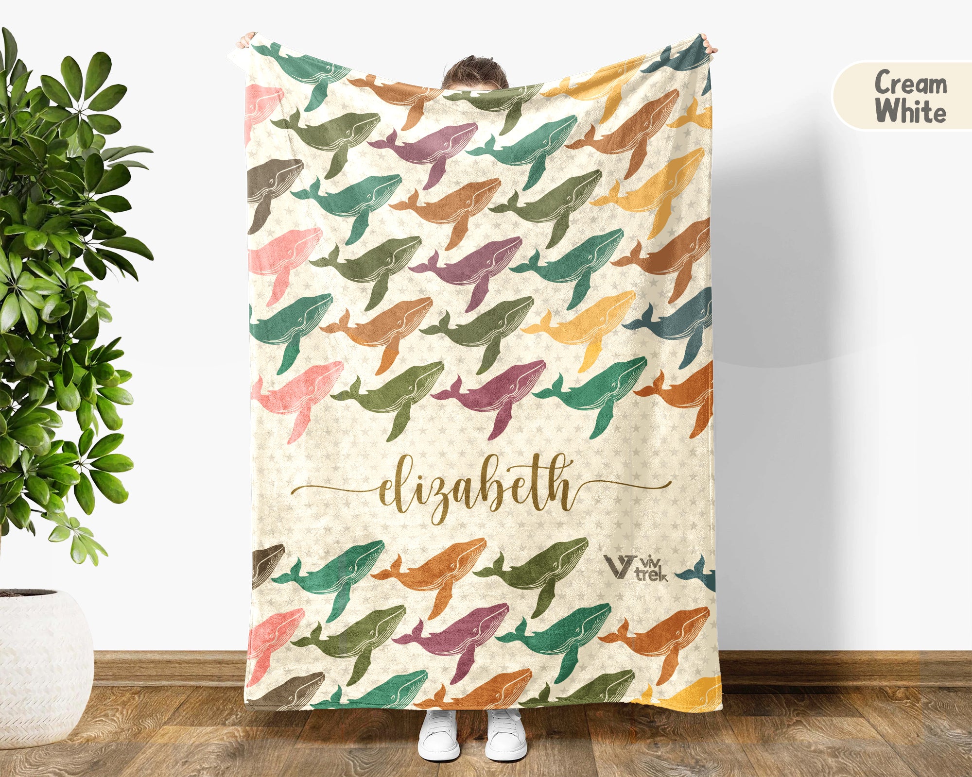 Personalized Whale Blanket Custom Name Ocean Lover Throw Retro Sea Life Decor Cozy Nautical Gift Unique Home Accent Idea