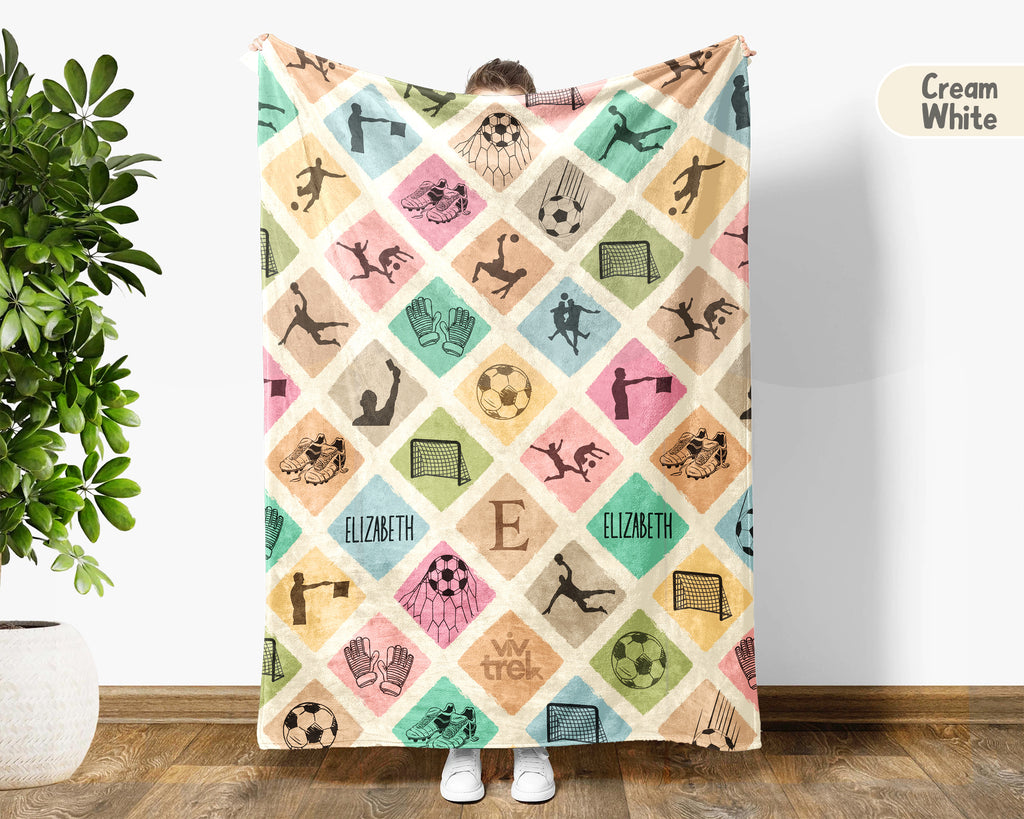 Custom Soccer Blanket, Personalized Name Soccer Throw for Boys and Girls, Vintage Unique Soccer Lover Gift, Cozy Sports Blanket
