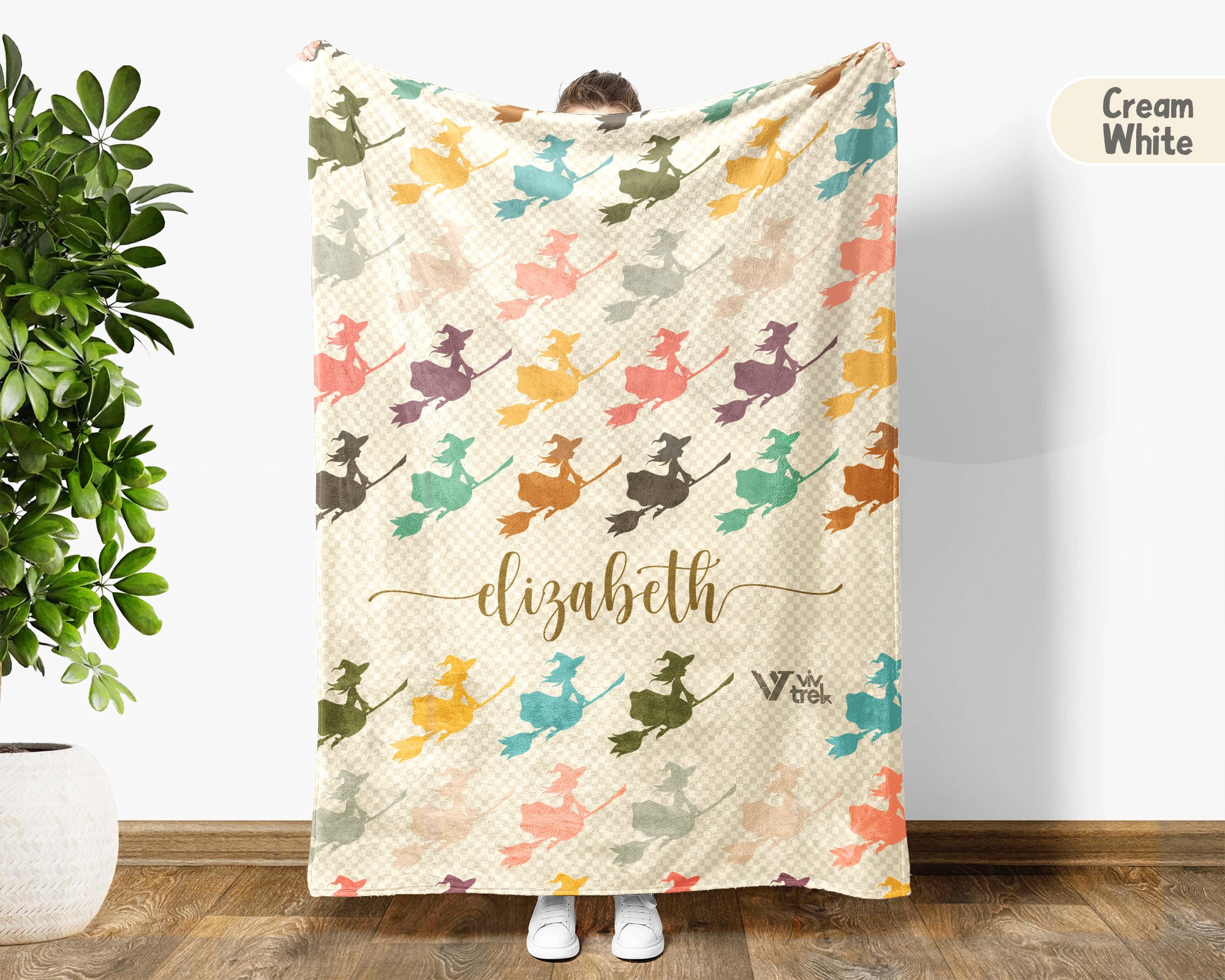 Custom Name Retro Witch Blanket, Personalized Halloween Throw for Cozy Gothic Decor and Magical Autumn Home Spaces