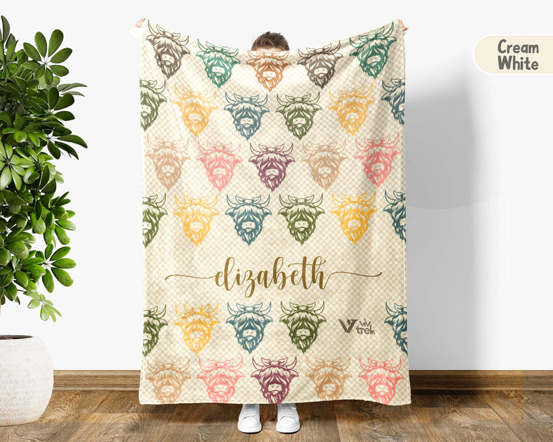 Custom Name Highland Cow Blanket Rustic Animal Throw Cozy Personalized Gift Soft Farmhouse Decor for Cow Lovers Home