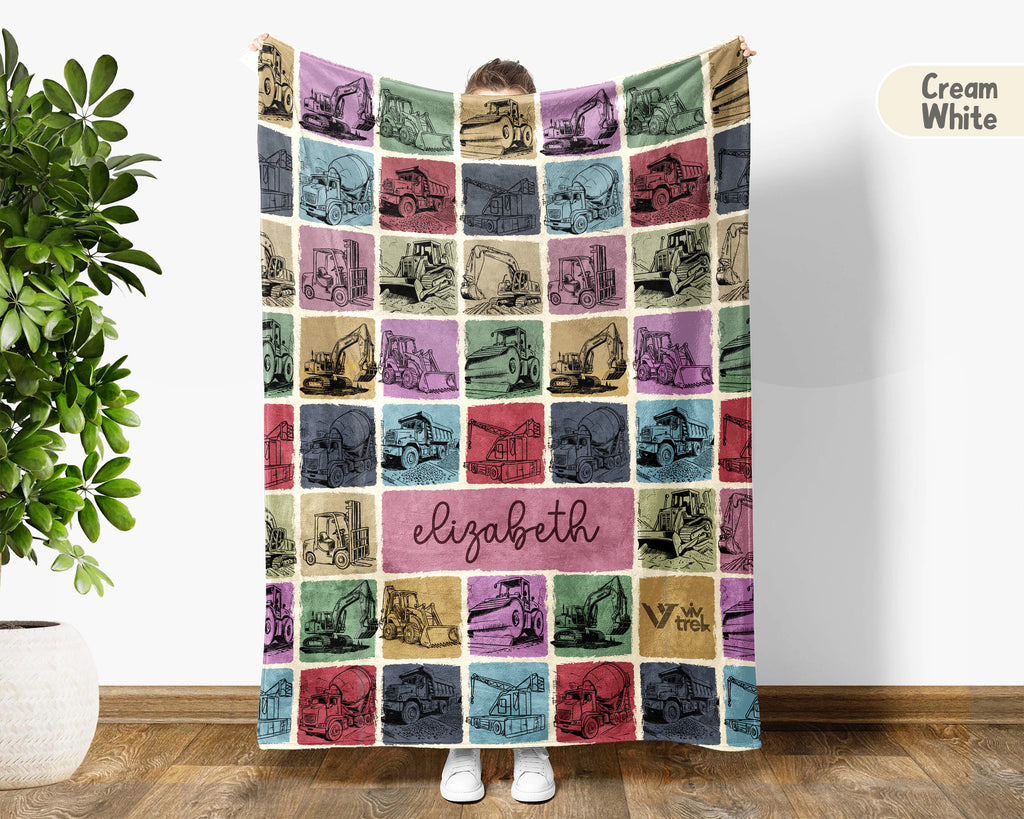 Custom Name Construction Blanket Personalized Excavator Throw, Cozy Builder Gift for Kids Boys, Truck Theme Room Decor