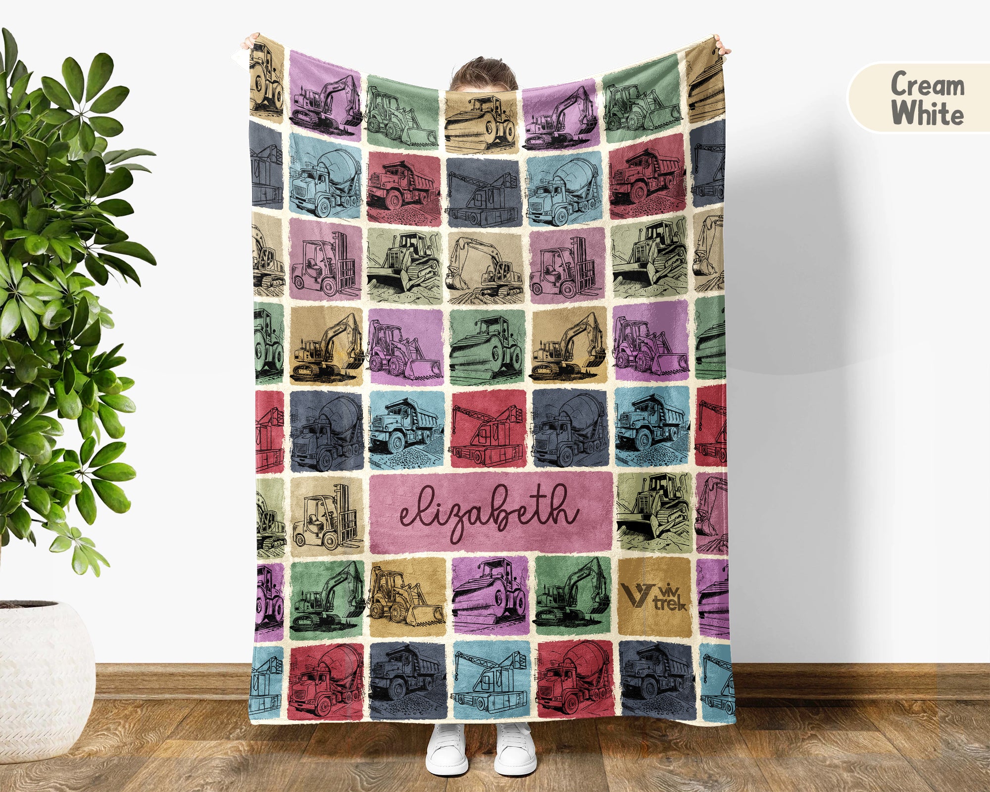 Custom Name Construction Blanket Personalized Excavator Throw, Cozy Builder Gift for Kids Boys, Truck Theme Room Decor