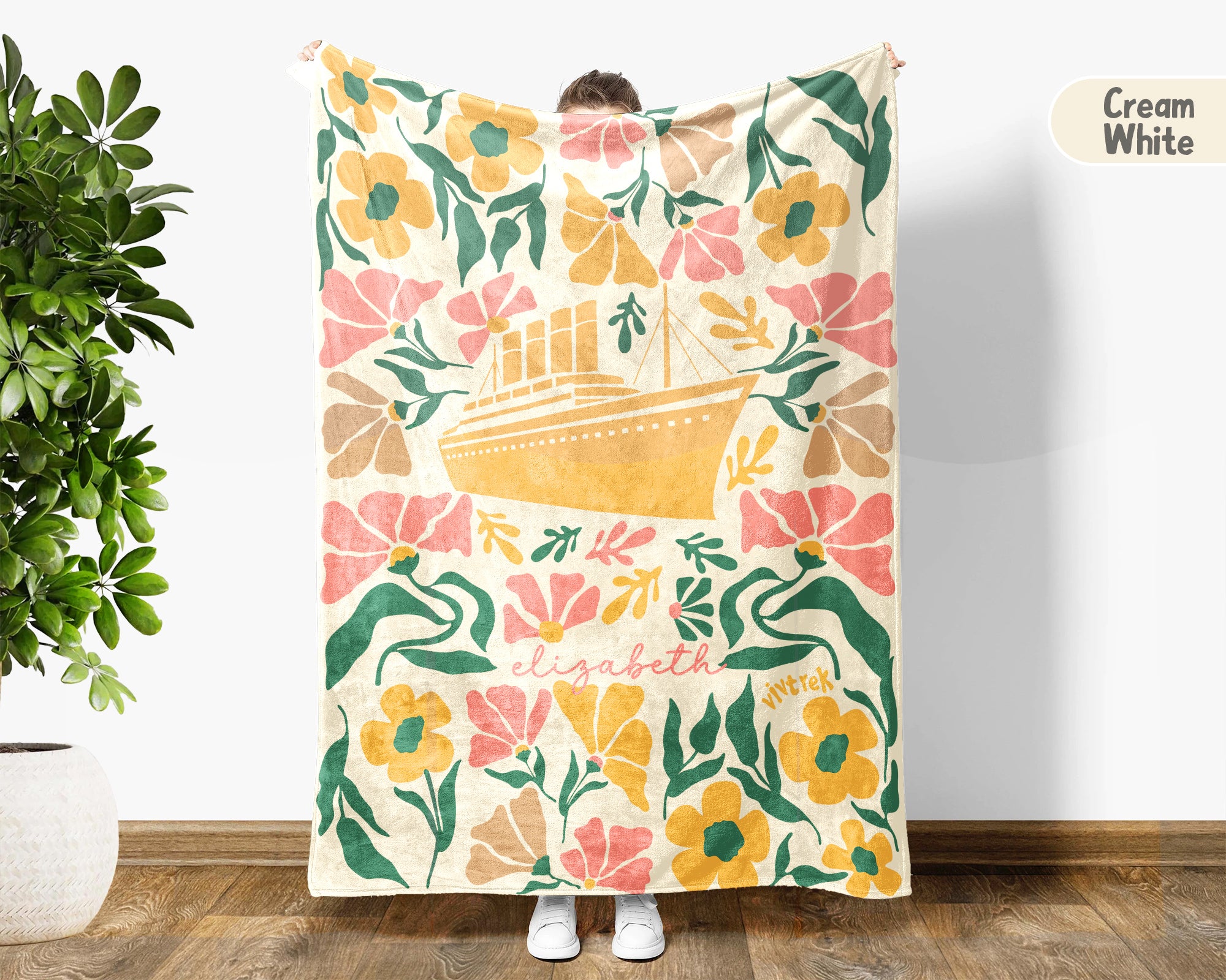 Personalized Floral Titanic Ship Blanket with Custom Name, Cozy Wildflower Ocean Liner Throw for Kids Teens Adults, History Lover Gift