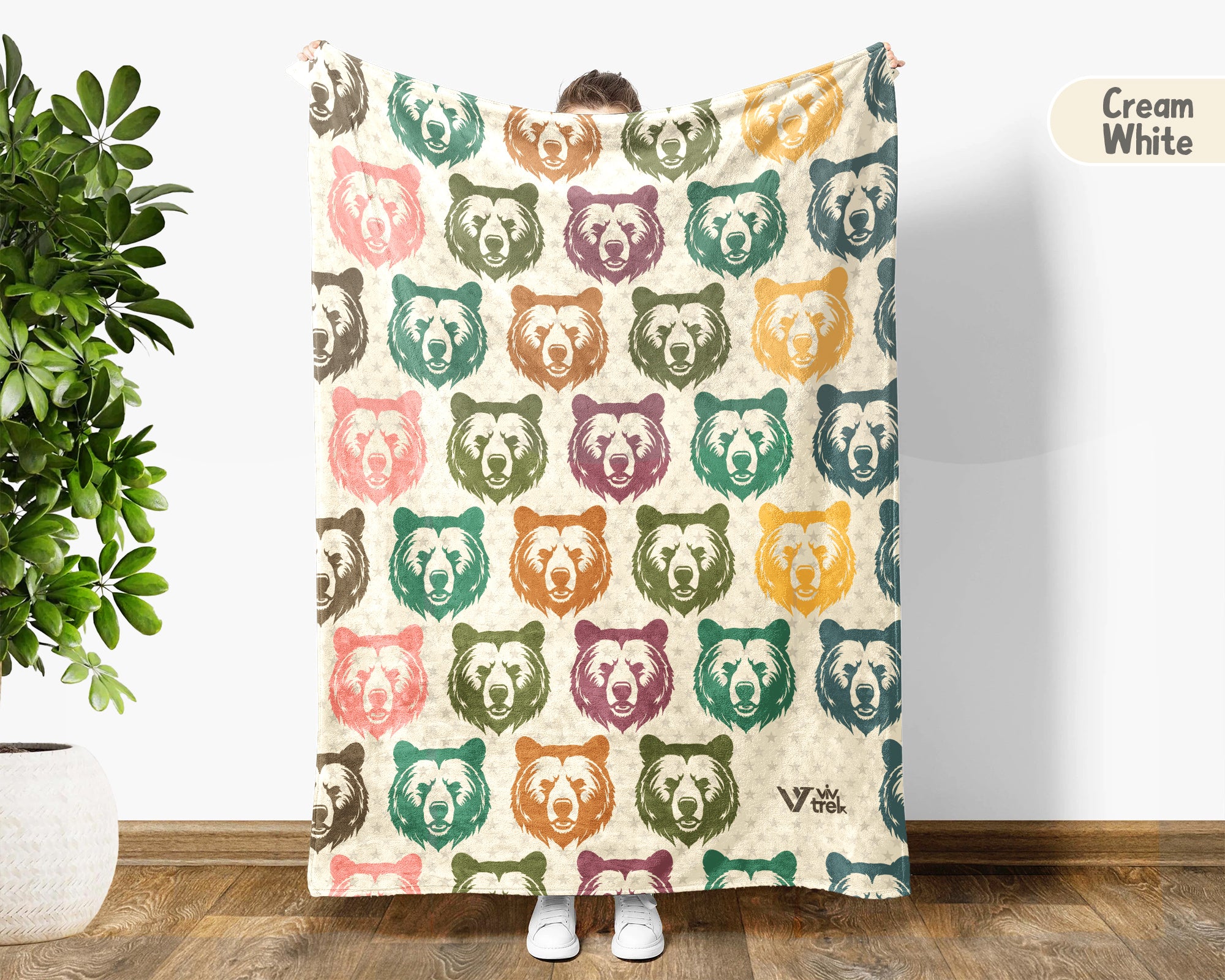 Retro Bear Head Blanket Wildlife Throw Rustic Animal Graphic Cozy Vintage Style Gift Nature Inspired Blanket for Home Cabin Decor