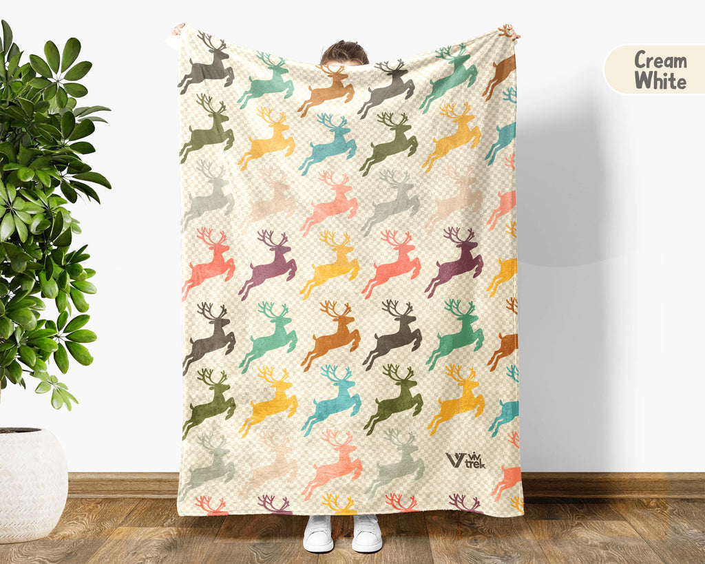 Retro Reindeer Blanket for Woodland Decor, Cozy Rustic Wildlife Throw Gift for Forest and Cabin Style Homes