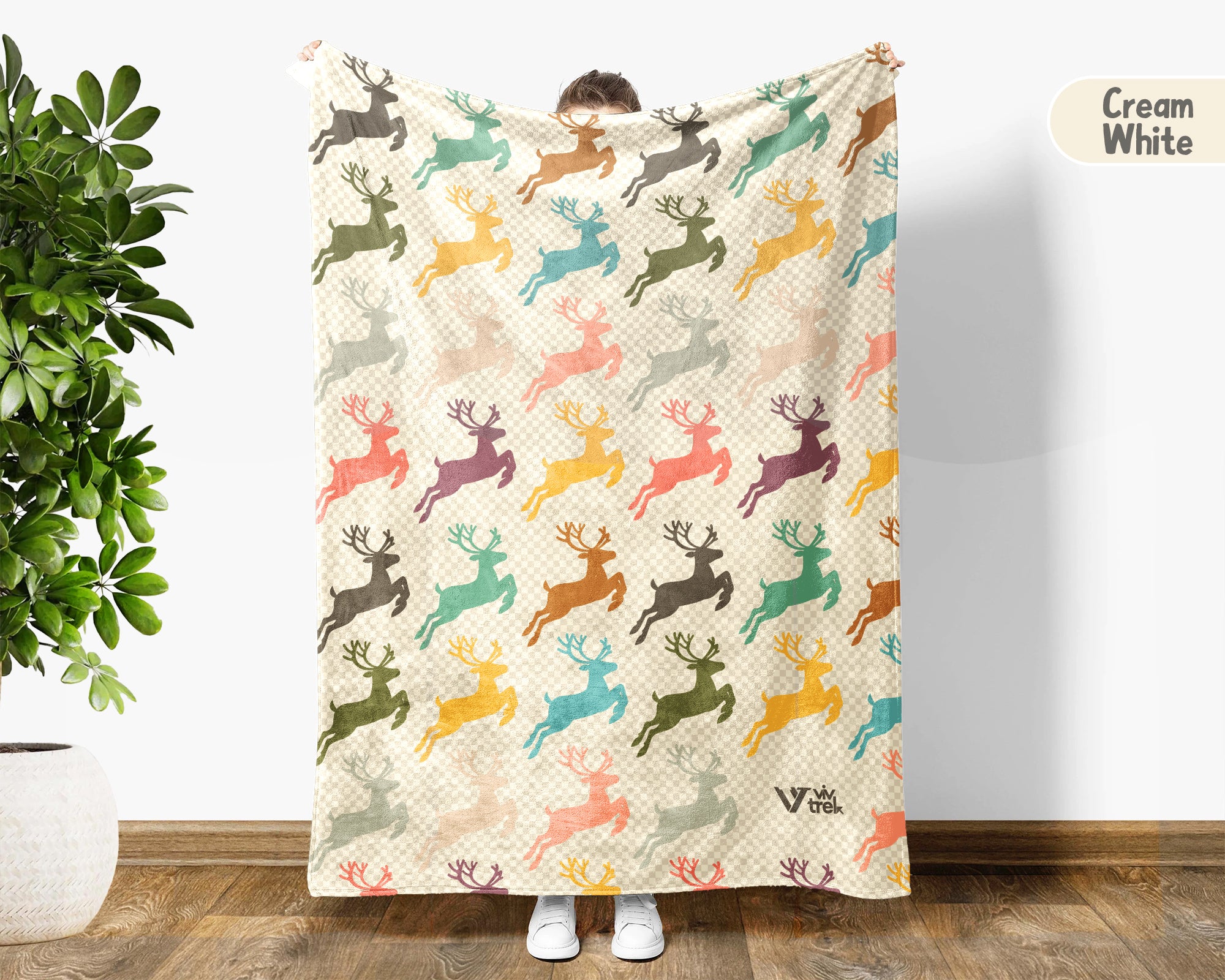 Retro Reindeer Blanket for Woodland Decor, Cozy Rustic Wildlife Throw Gift for Forest and Cabin Style Homes