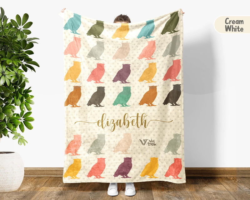 Personalized Name Owl Lover Blanket Custom Retro Bird Throw Cozy Forest Wildlife Fleece Gift Rustic Animal Home Decor Accent Piece