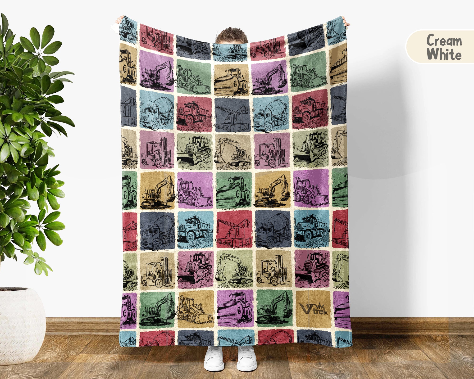 Construction Equipment Blanket, Kids Truck Throw, Bulldozer Crane Loader Cozy Blanket, Heavy Machinery Gift for Boys Girls
