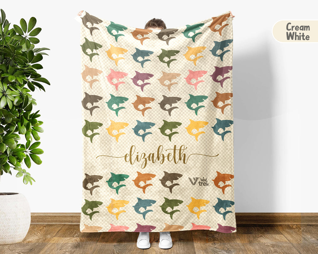 Custom Name Shark Throw Blanket – Vintage Ocean Gift for Shark Fans