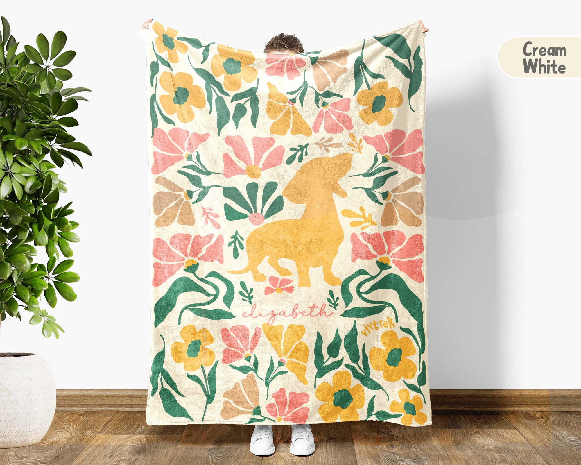 Personalized Name Floral Dachshund Blanket, Cozy Wiener Dog Lover Throw