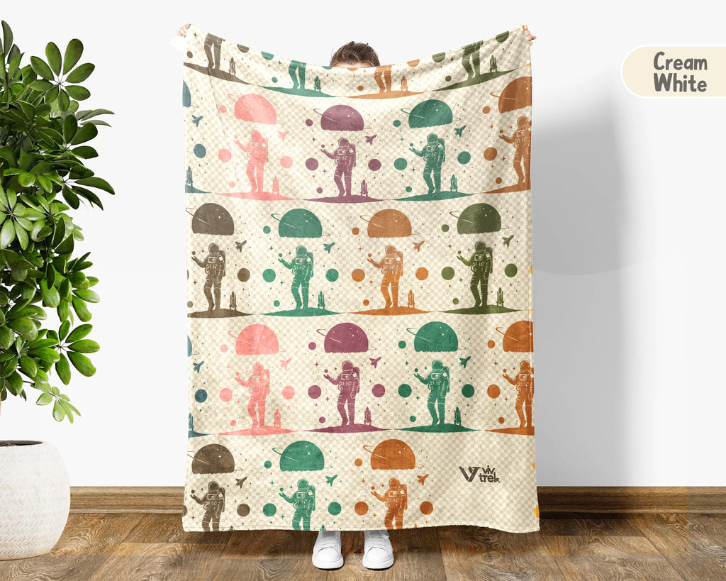 Retro Astronomy Blanket for Galaxy Lovers, Cozy Space Throw with Planet Rocket and Astronaut Theme Decor