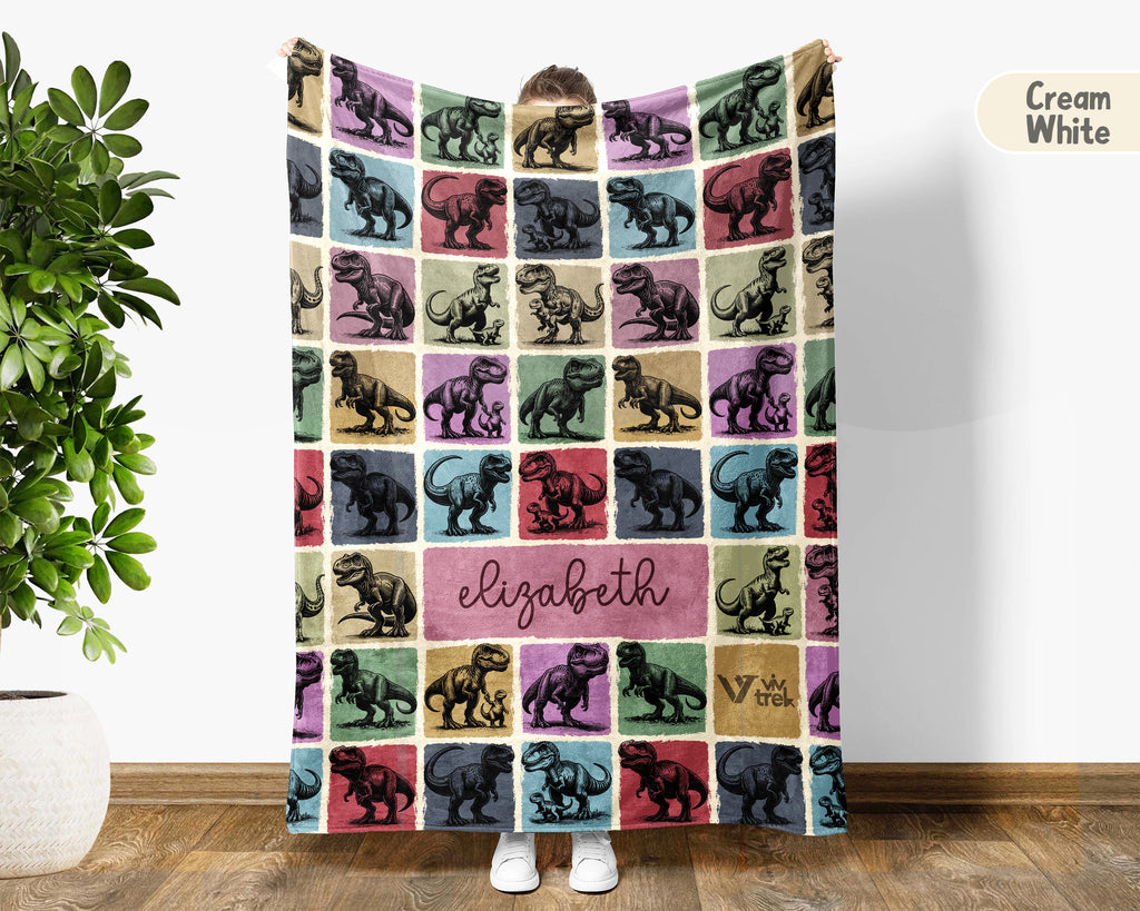 Custom T-Rex Blanket Personalized Name Retro Dino Throw Cozy Tyrannosaurus Decor Unique Prehistoric Gift Fun Room Accent