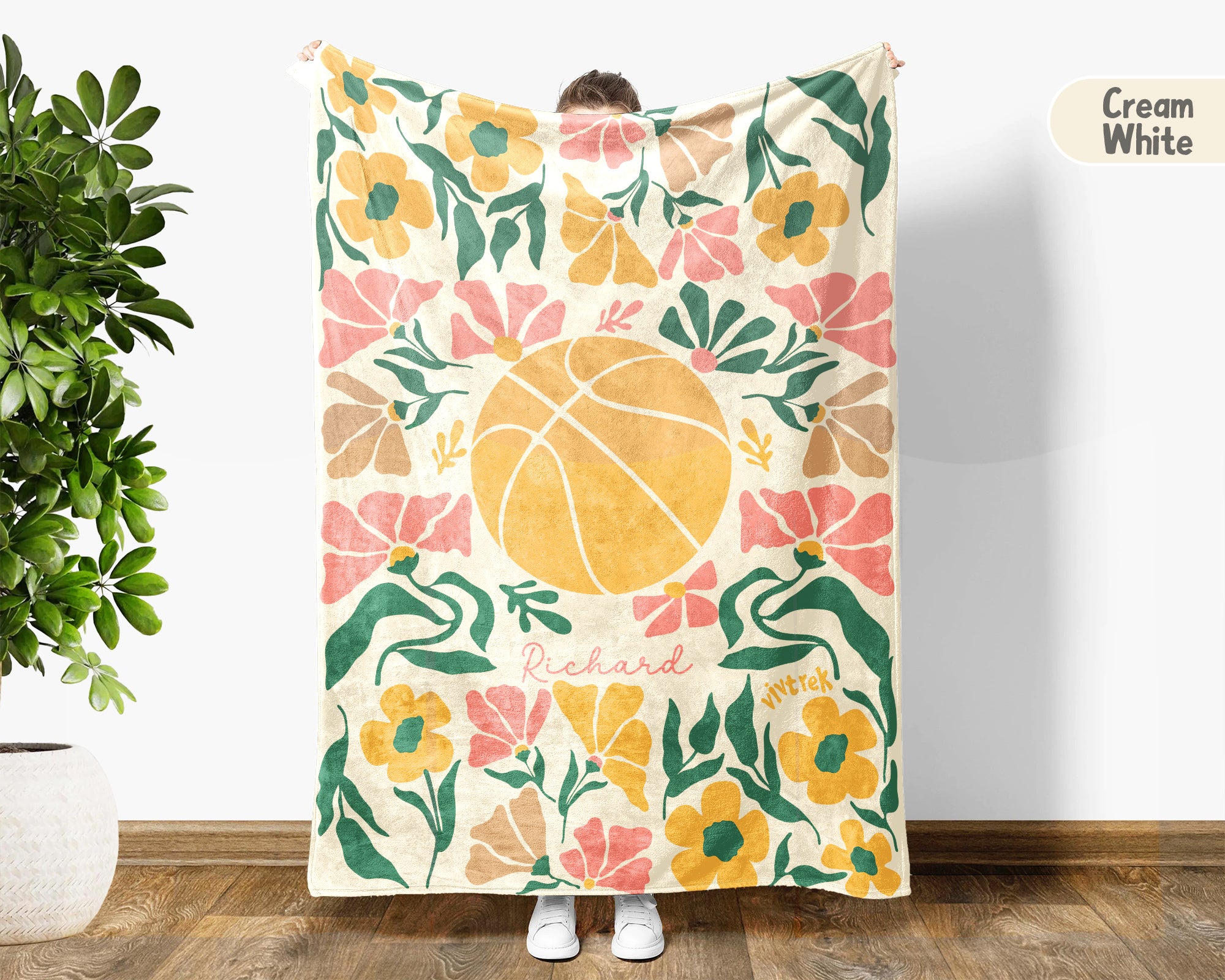 Personalized Name Floral Basketball Blanket, Cozy Hoop Lover Throw Gift