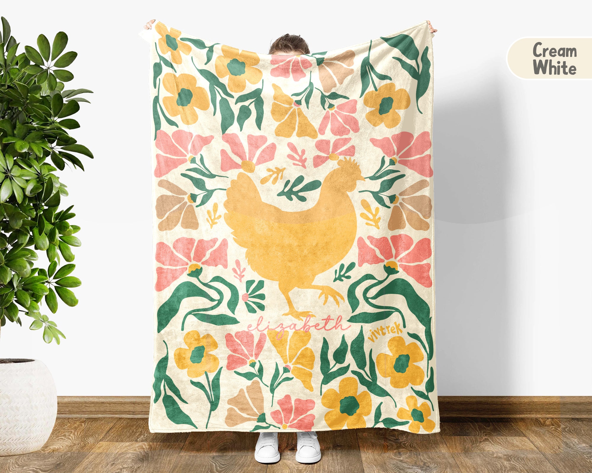 Floral Personalized Chicken Blanket with Custom Name, Cozy Floral Throw for Kids Teens Adults, Chicken Lover Farm Gift