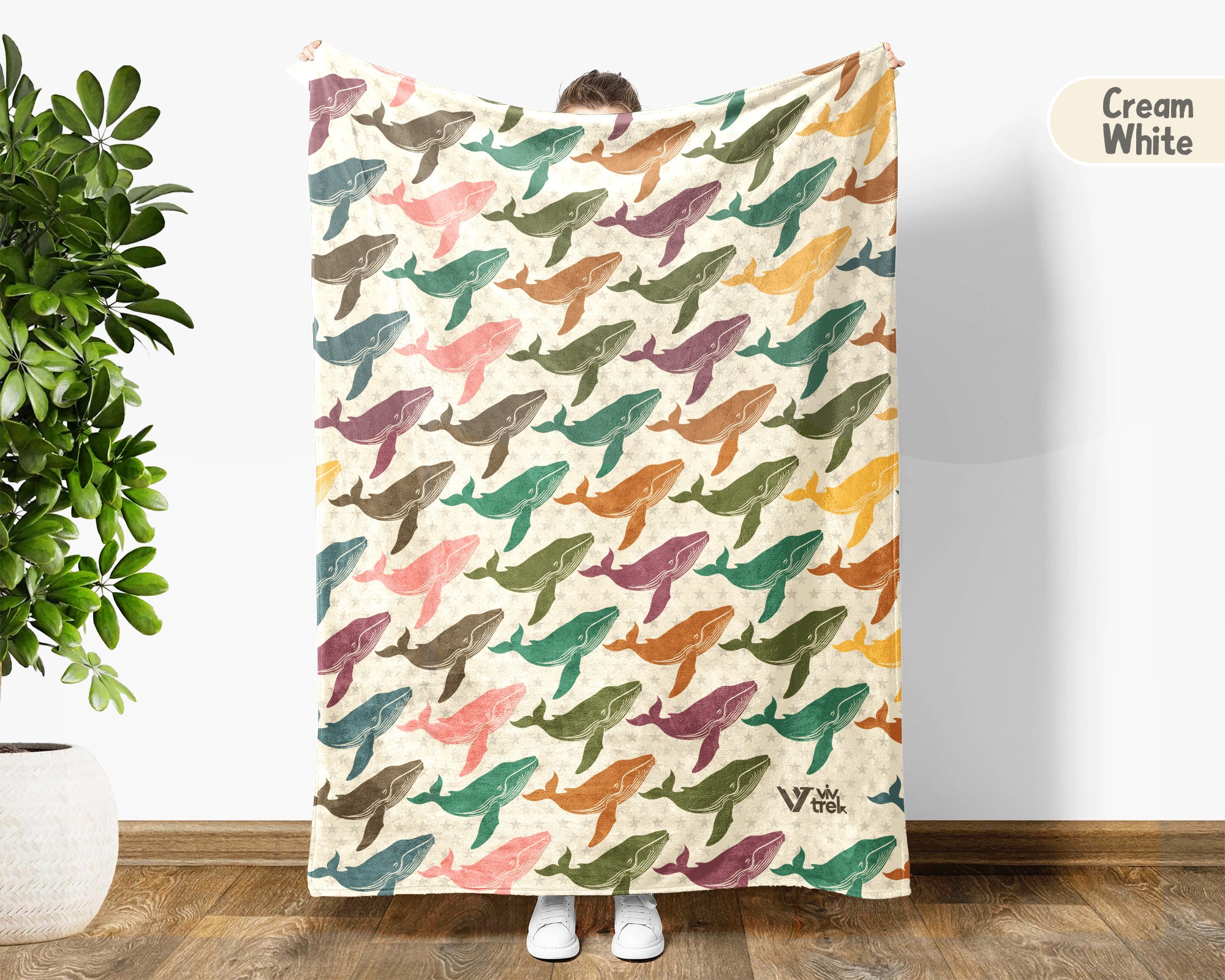 Retro Whale Blanket Coastal Ocean Throw Vintage Marine Life Decor Cozy Sea Animal Gift Nautical Graphic Unique Home Accent