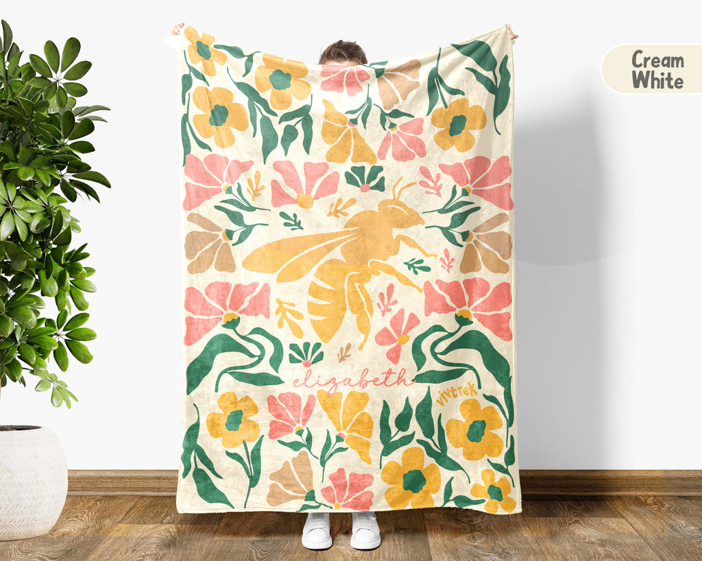 Personalized Bee Blanket with Custom Name, Cozy Honey Bee Throw for Kids Teens Adults, Cute Bumblebee Lover Gift