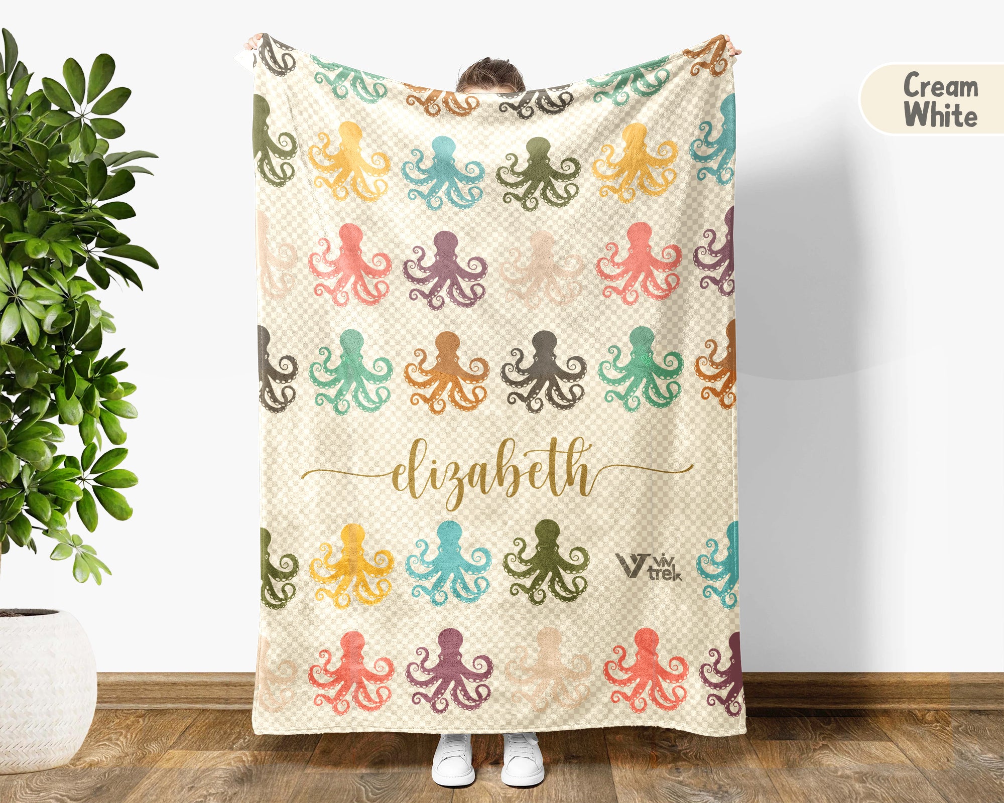 Personalized Octopus Lover Blanket Custom Name Retro Ocean Animal Throw Cozy Marine Life Fleece Gift Nautical Home Decor Accent