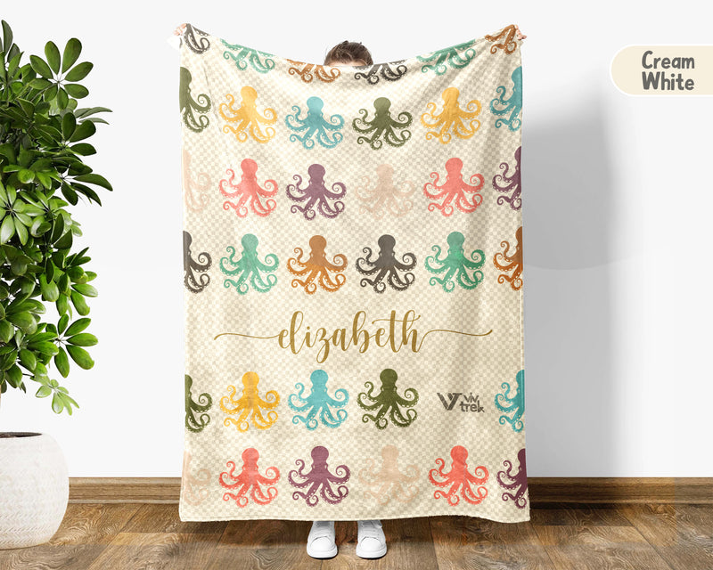 Personalized Octopus Lover Blanket Custom Name Retro Ocean Animal Throw Cozy Marine Life Fleece Gift Nautical Home Decor Accent