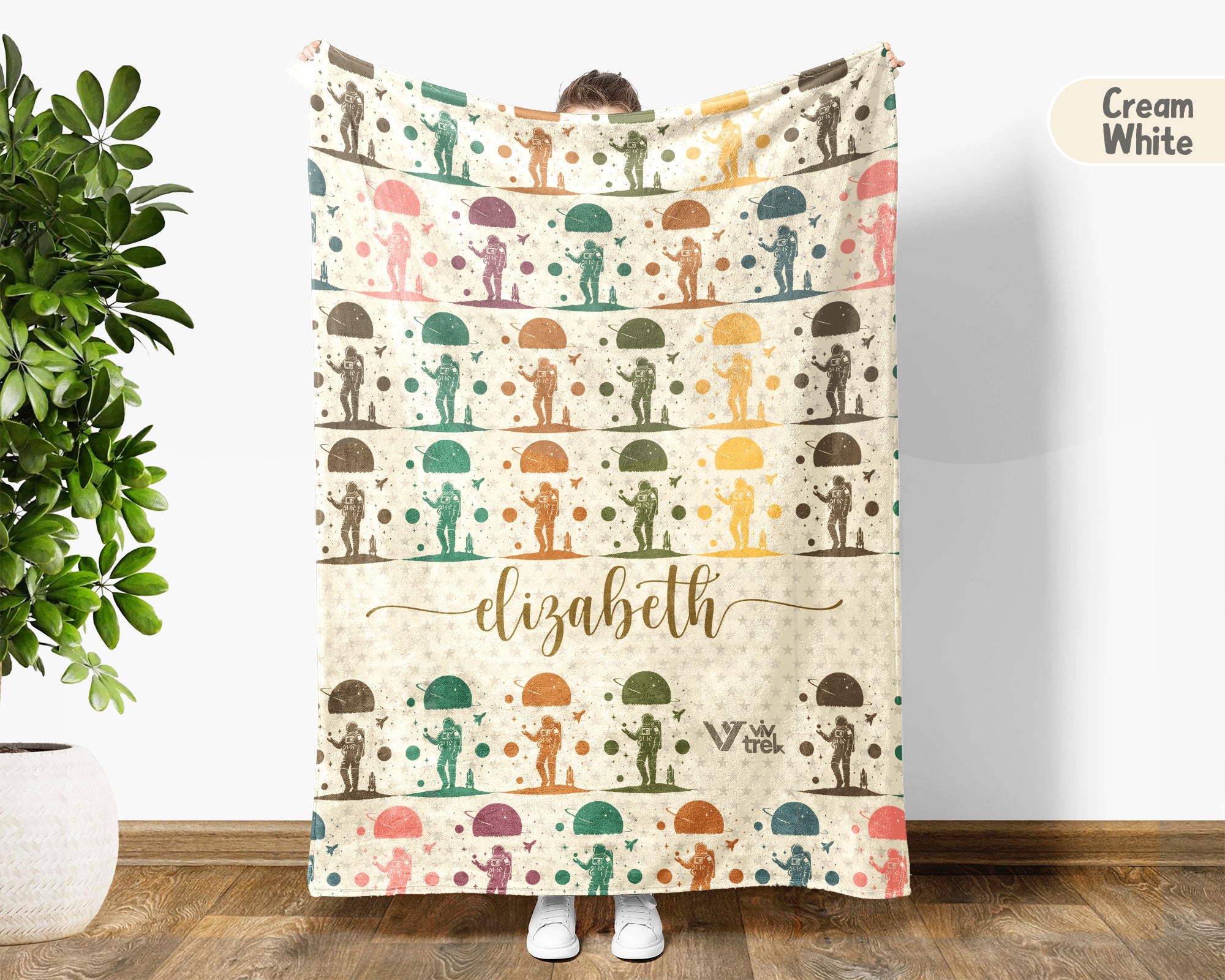 Custom Name Retro Space Blanket, Personalized Astronomy Galaxy Throw for Planet Rocket Star Adventure Lovers Decor