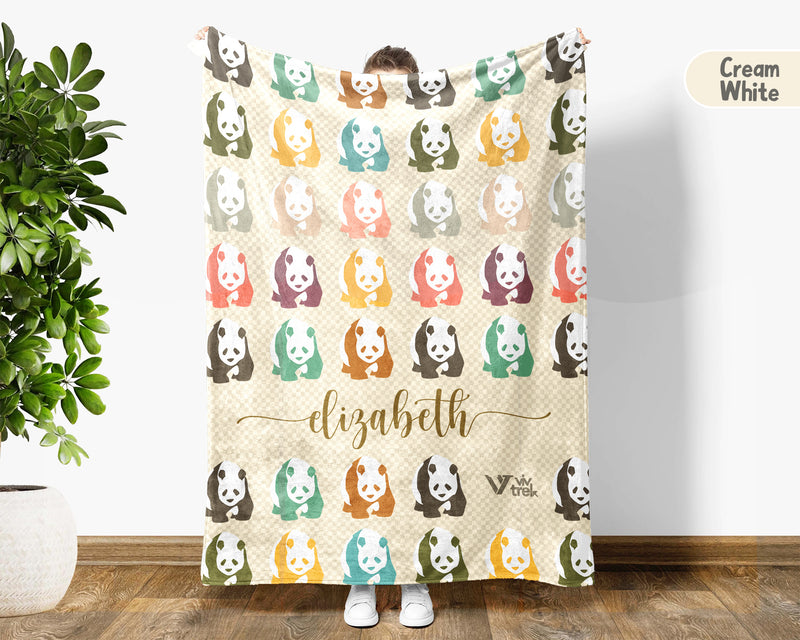 Custom Name Retro Panda Blanket, Personalized Cute Animal Throw for Panda Lover Bedroom Decor and Cozy Gift Ideas
