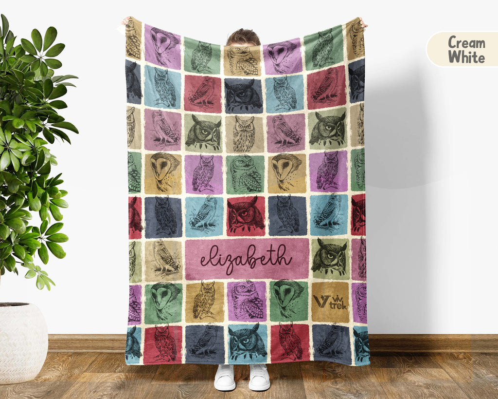 Custom Owl Lover Blanket Personalized Name Retro Bird Throw Cozy Forest Animal Fleece Gift Rustic Wildlife Home Decor Accent Piece
