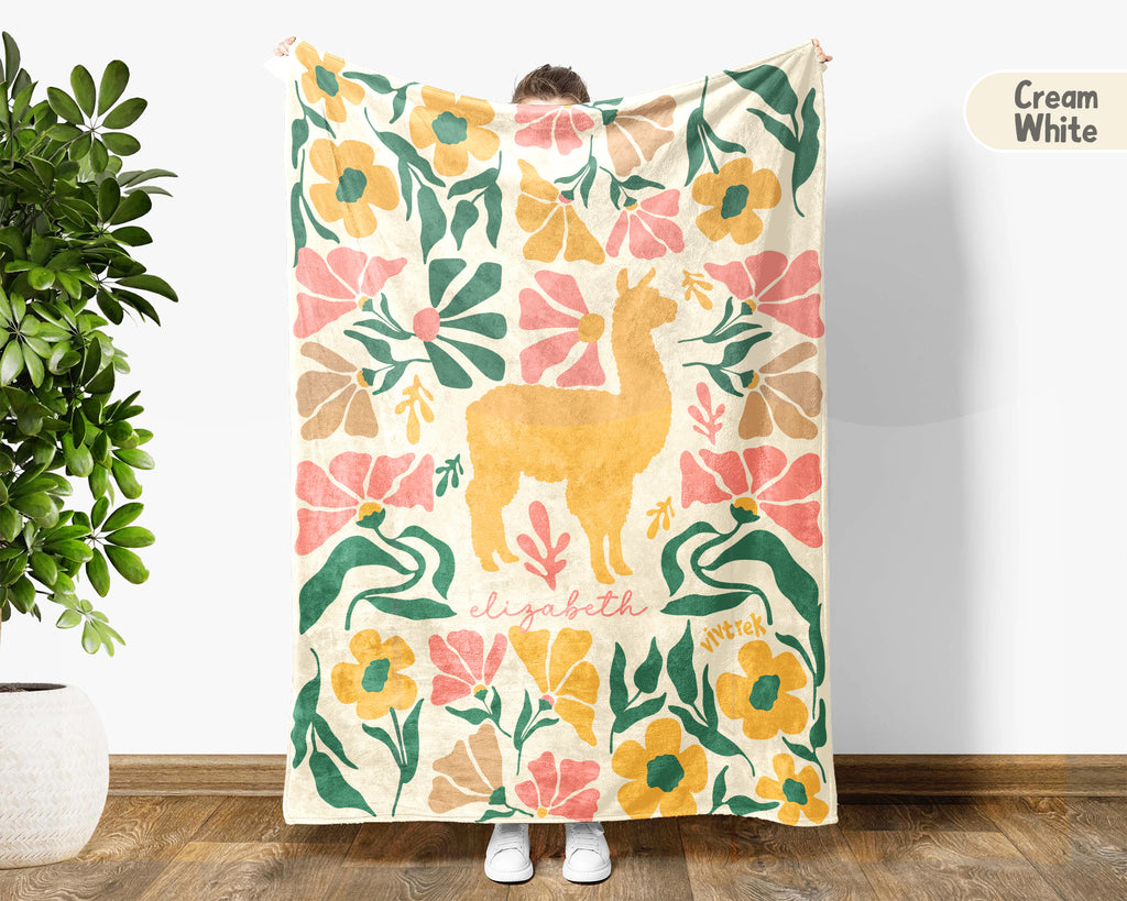 Personalized Llama Alpaca Floral Blanket, Custom Name Cute Animal Throw, Cozy Funny Farm Animal Gift for Animal Lovers