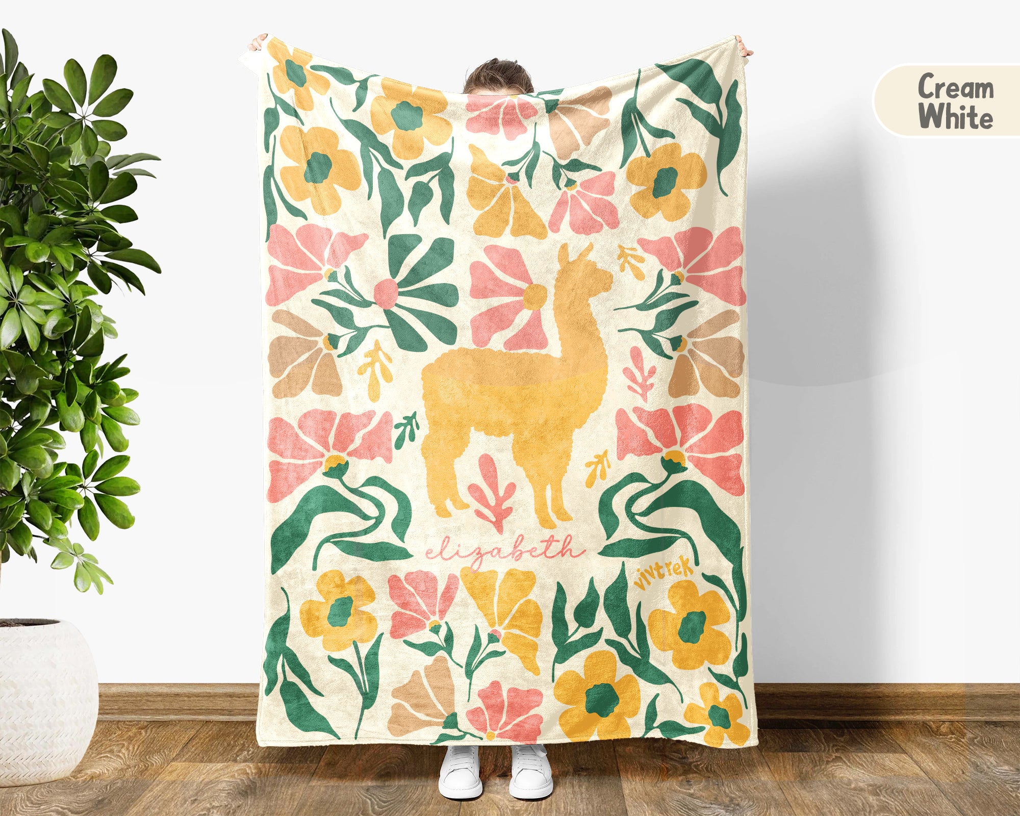Personalized Llama Alpaca Floral Blanket, Custom Name Cute Animal Throw, Cozy Funny Farm Animal Gift for Animal Lovers