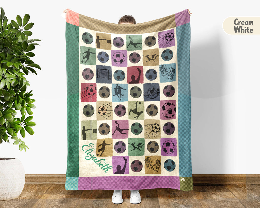 Custom Name Soccer Blanket, Personalized Name Soccer Throw for Boys and Girls, Retro Unique Soccer Lover Gift, Cozy Sports Blanket