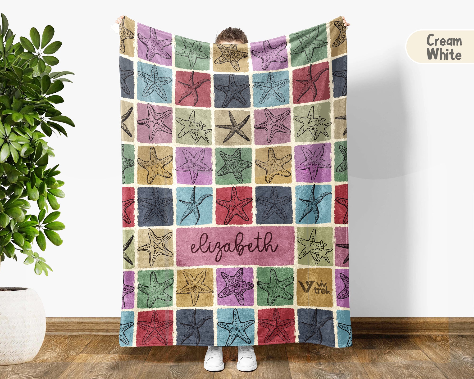 Custom Name Starfish Blanket Personalized Ocean Throw Cozy Sea Life Decor Beach Lover Gift Coastal Style Home Accent