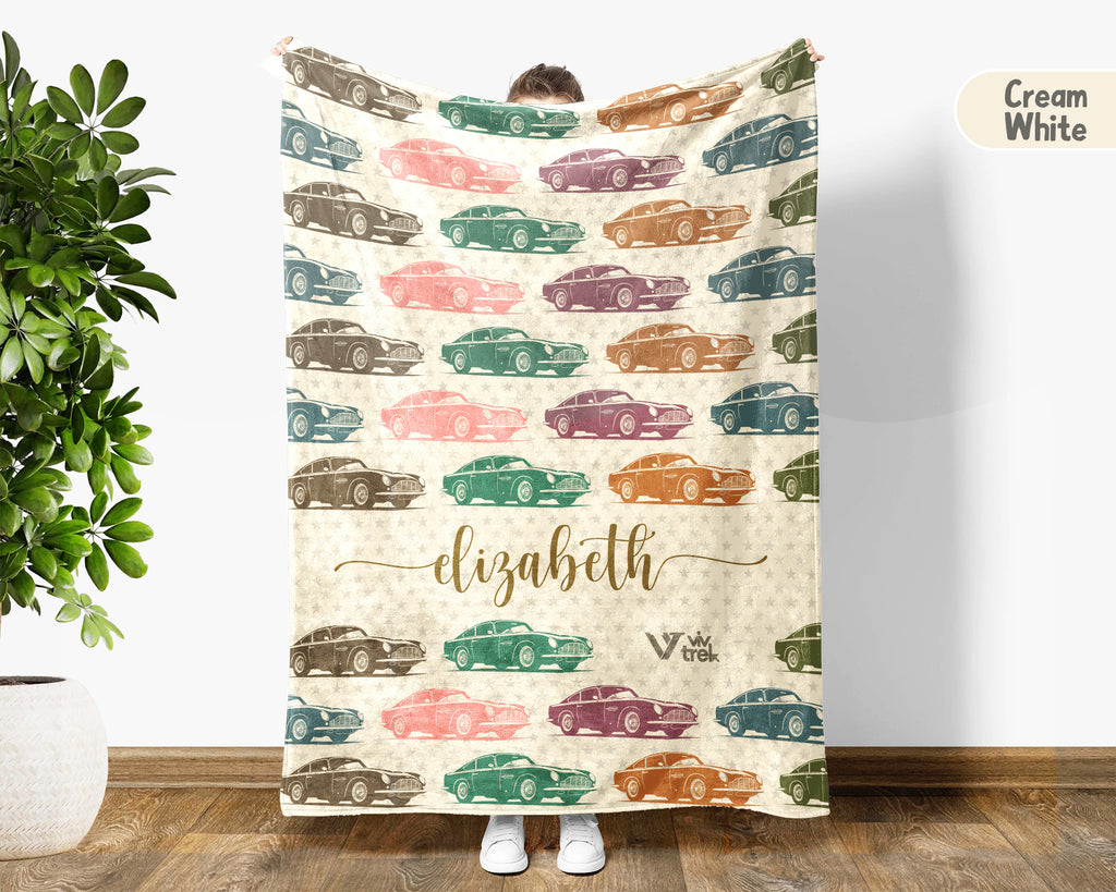 Custom Name Classic Car Blanket, Personalized Vintage Vehicle Throw, Cozy Garage Gift for Auto Enthusiasts