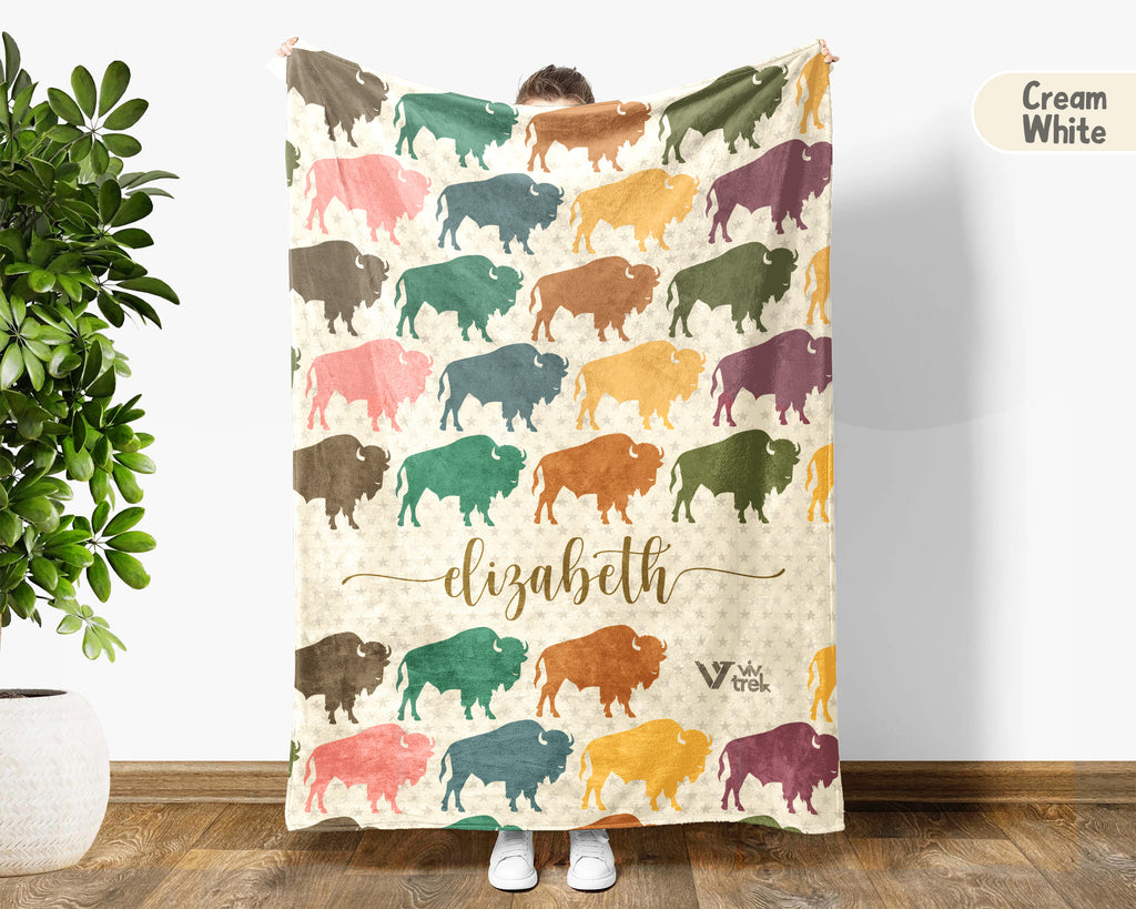 Custom Buffalo Blanket Personalized Name Wildlife Throw Retro Bison Graphic Cozy Rustic Home Decor Unique Western Gift Idea