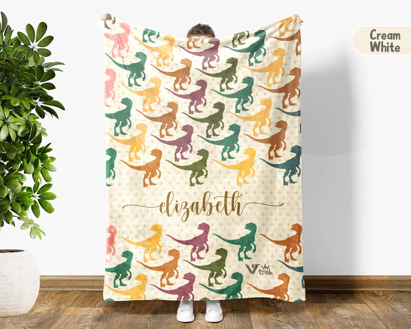 Personalized Velociraptor Dinosaur Blanket Custom Name Retro Dino Throw Cozy Jurassic Gift Paleontology Decor Blanket for Kids and Adults