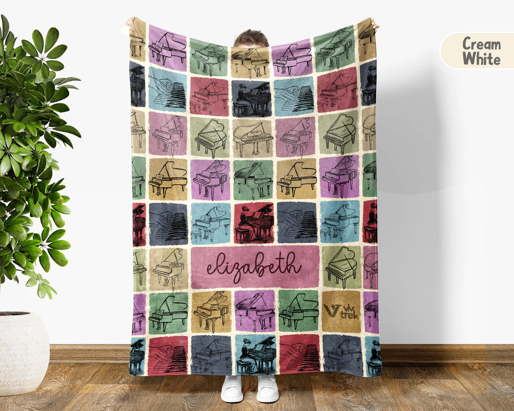 Custom Piano Blanket Personalized Name Vintage Grand Music Lover Retro Pianist Throw Cozy Classical Music Gift Home Accent