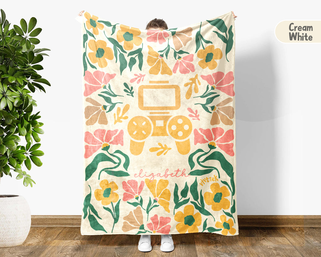 Floral Personalized Name Video Gaming Blanket with Custom Name, Cozy Floral Gamer Throw for Kids Teens Adults, Birthday Gift for Boys & Girls