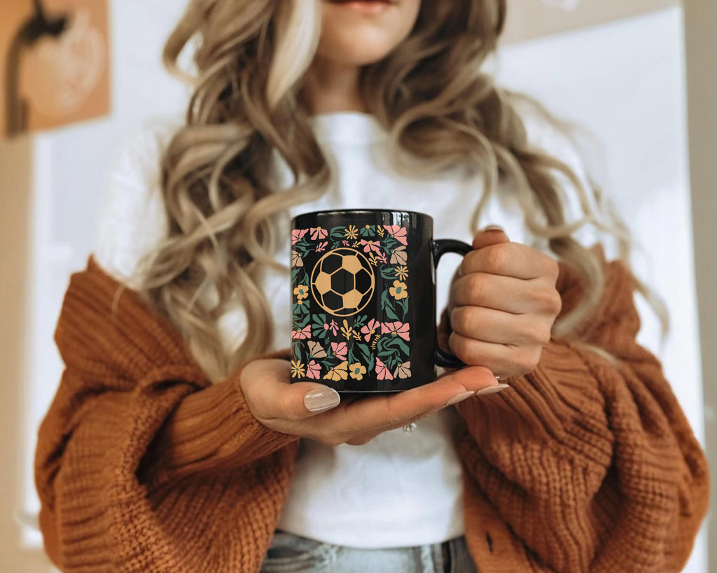 Soccer Floral Coffee Mug Gift, Cute Football Lover Cup, Sports Fan Ceramic Mug, Soccer Player Gift Idea, Aesthetic Soccer Drinkware