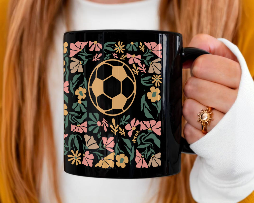 Soccer Floral Coffee Mug Gift, Cute Football Lover Cup, Sports Fan Ceramic Mug, Soccer Player Gift Idea, Aesthetic Soccer Drinkware