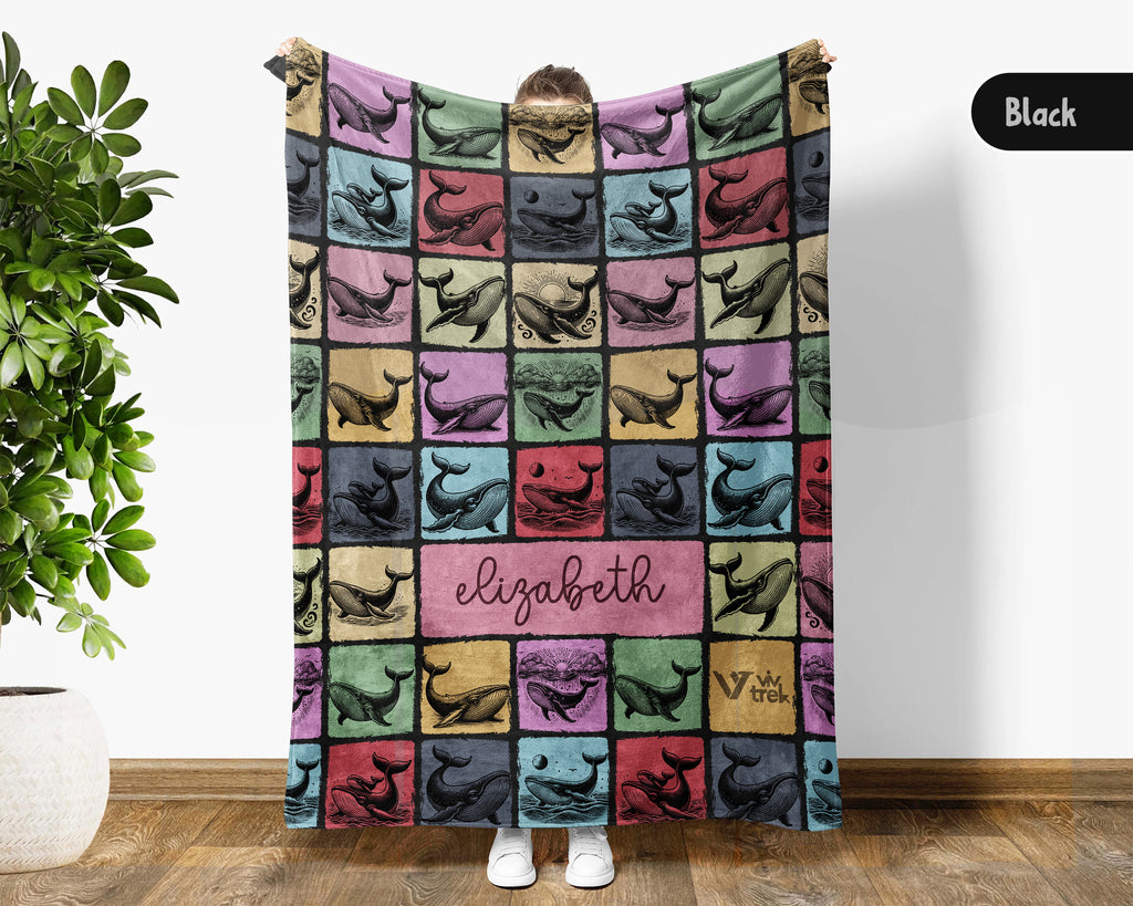 Custom Whale Blanket Personalized Name Ocean Throw Cozy Sea Life Decor Nautical Gift Coastal Home Accent Marine Animal Design