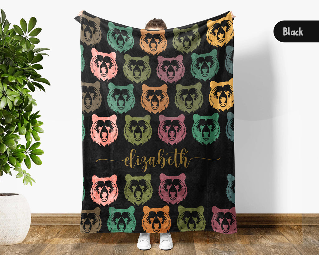 Custom Bear Blanket Personalized Name Retro Wildlife Throw Cozy Rustic Forest Decor Unique Animal Graphic Gift Home Accent