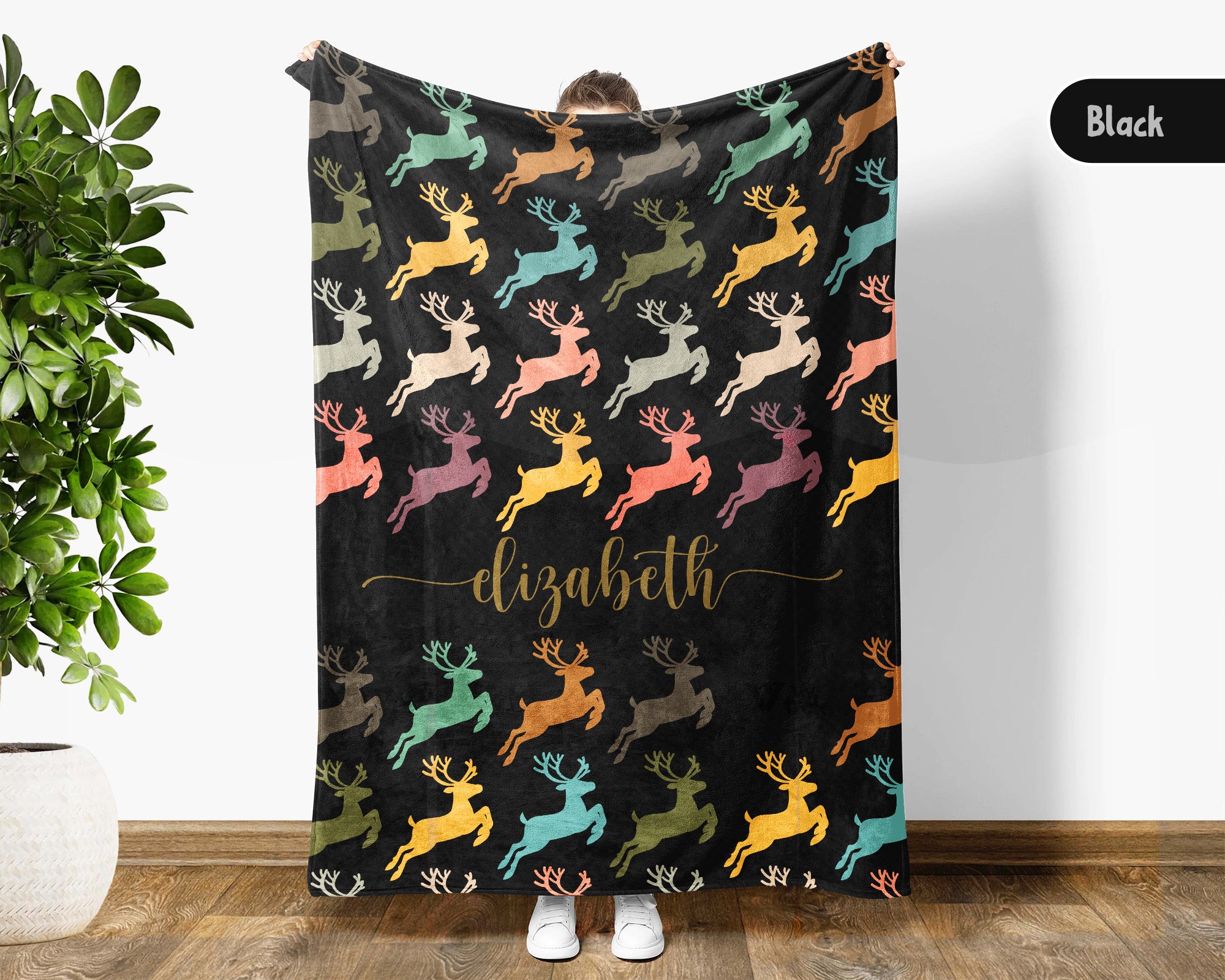 Custom Name Retro Reindeer Blanket, Personalized Woodland Animal Throw for Cabin Lodge Decor and Cozy Nature Gifts