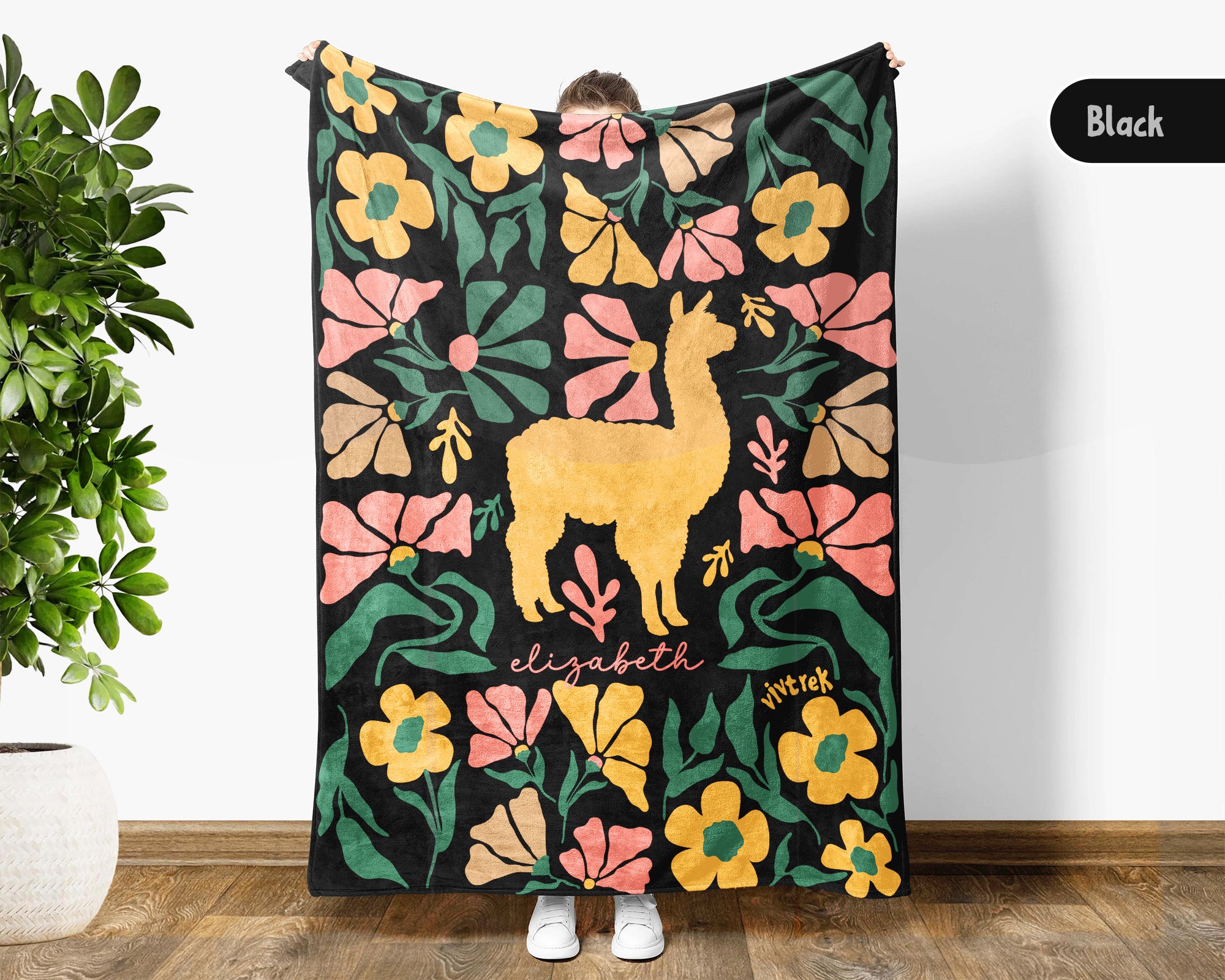 Personalized Llama Alpaca Floral Blanket, Custom Name Cute Animal Throw, Cozy Funny Farm Animal Gift for Animal Lovers